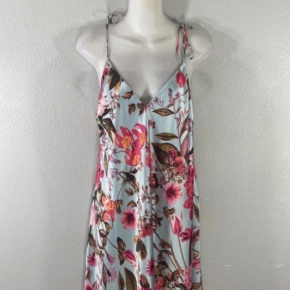 Victoria’s Secret Blue Tropical Floral Tie Shoulder Strap Satin Midi Dress XL - Picture 2 of 12